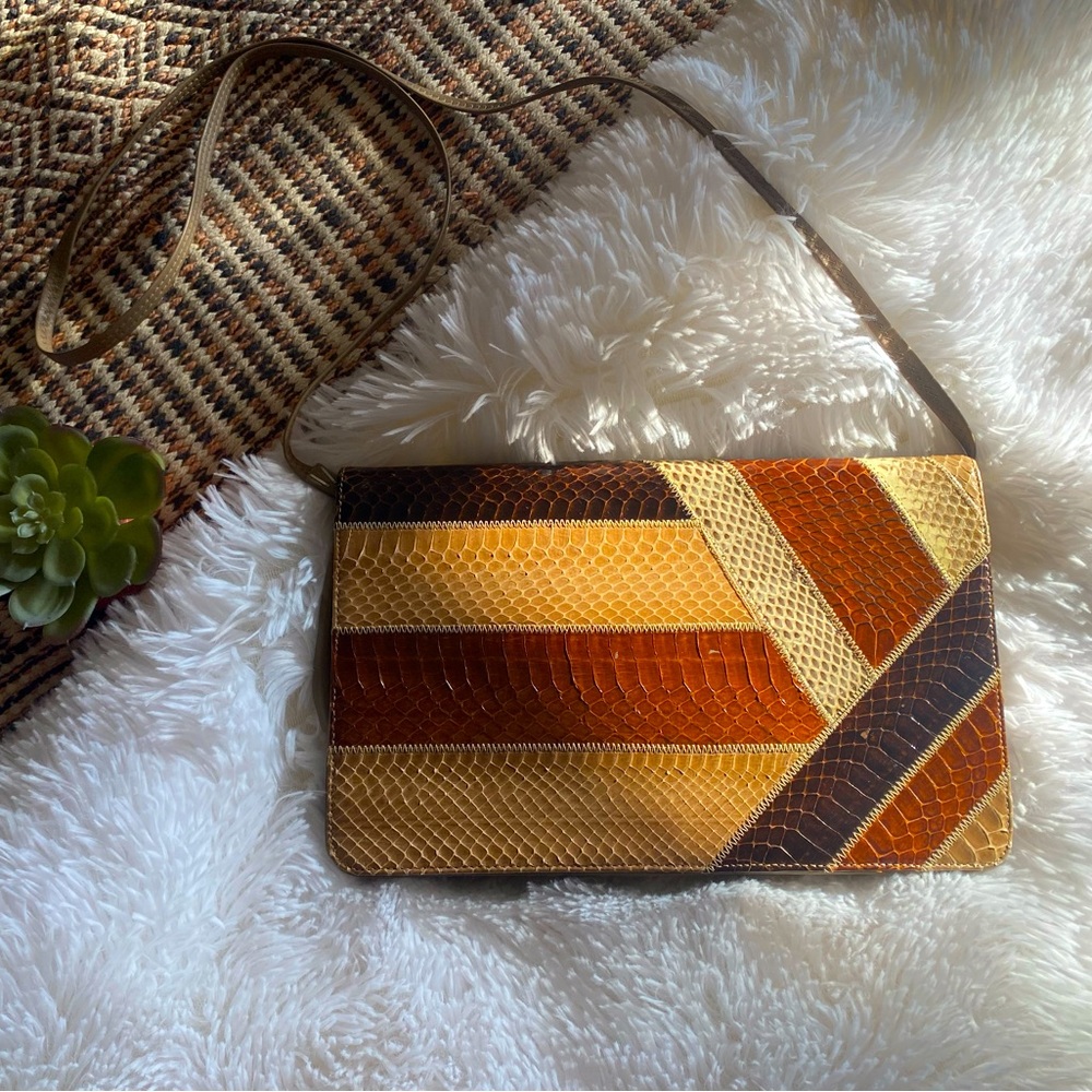 Vintage 70s / Brown Snakeskin Patchwork Palazzio Purse
